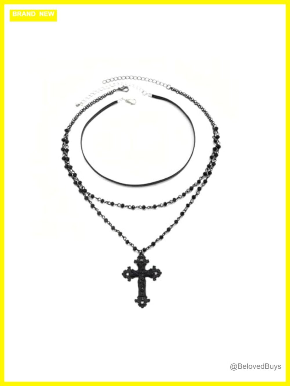 Gothic Layered Cross Choker Necklace Beaded Pendant Punk Emo